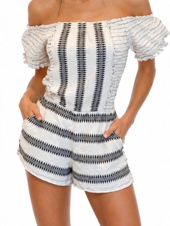 lovestitch Dresses & Skirts - Lovestitch White Cotton Romper W/Black Vertical Stripes And Geometric Pattern.
